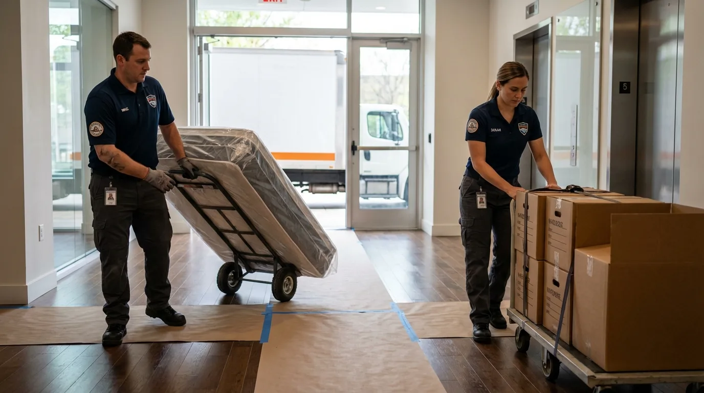 Professional apartment movers loading elevator in Louisville, KY