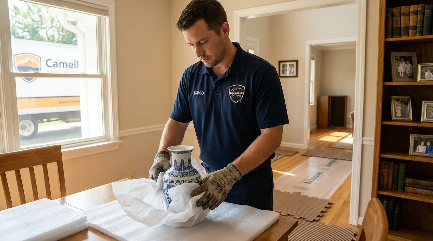 Professional crew carefully wrapping antique vase for senior downsizing move in Louisville, KY